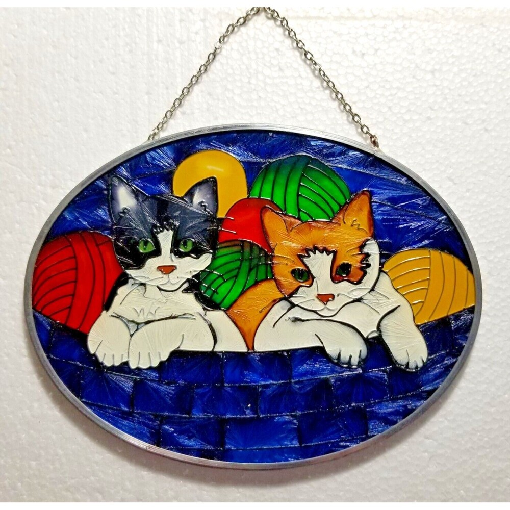 Cats Kittens Sun Catcher Hanging Multicolor Cat Lovers Glass Art Cat in a Basket